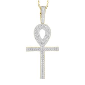 MEN'S CROSS CHARM 1.00CT ROUND/BAGUETTE DIAMOND 10K YELLOW GOLD