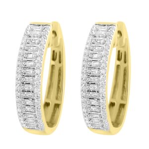 LADIES HOOP EARRINGS 0.50CT ROUND/BAGUETTE DIAMOND 10K YELLOW GOLD