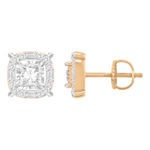 LADIES STUD EARRINGS 0.40CT ROUND/PRINCESS/BAGUETTE DIAMOND 10K ROSE GOLD