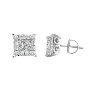 LADIES EARRINGS 1.00CT ROUND/PRINCESS DIAMOND 14K WHITE GOLD (CENTER STONE 0.60CT PRINCESS DIAMOND)