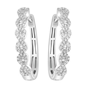 LADIES HOOP EARRINGS 0.75CT ROUND/BAGUETTE DIAMOND 14K WHITE GOLD