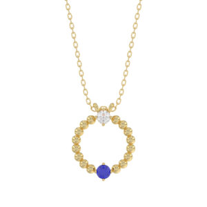 14K Yellow Gold 0.15Ct Blue Sapphire & Diamond Necklace For Women Natural Round Sapphire Ladies Jewelry