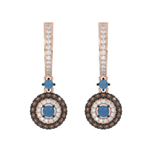 Beautiful 14K Rose Gold Ladies Hoop Earrings Featuring Multi-Color Diamonds In Blue And Dark Brown Shades.1.00 Ct Elegant Jewelry Design.