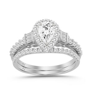 LADIES BRIDAL SET 1.00CT ROUND/PEAR/BAGUETTE DIAMOND 14K WHITE GOLD (CENTER STONE 0.32CT PEAR DIAMOND)