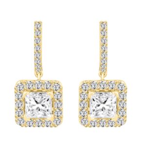 LADIES EARRINGS 3CT PRINCESS/ROUND DIAMOND 14K YELLOW GOLD (CENTER STONE PRINCESS DIAMOND 2CT )