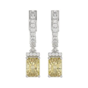 14K WHITE GOLD CRAFTED WITH 18K YELLOW GOLD BLACK PLATE 2 1/4CT ROUND/YELLOW EMERALD DIAMOND LADIES HOOPS EARRINGS
