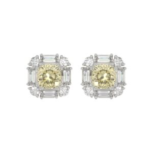 14K WHITE GOLD CRAFTED WITH 18K YELLOW GOLD BACK PLATE 1 1/3CT ROUND/BAGUETTE/YELLOW CUSHION DIAMOND LADIES EARRINGS