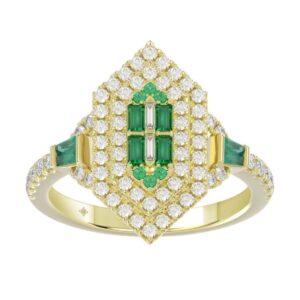 14K YELLOW GOLD 1 1/6CT ROUND/BAGUETTE/EMERALD DIAMOND LADIES RING (CENTER STONE EMERALD BAGUETTE DIAMOND 1/6CT)