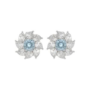 14K WHITE GOLD CRAFTED WITH 18K YELLOW GOLD BACK PLATE 2 5/8CT PEAR/BLUE CUSHION DIAMOND LADIES EARRINGS