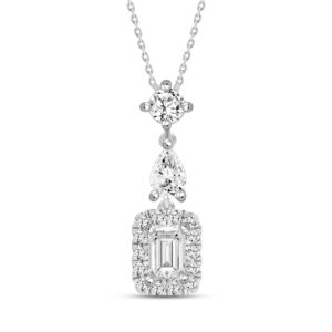 LADIES NECKLACE WITH CHAIN 1 1/2CT ROUND/PEAR/EMERALD DIAMOND 14K WHITE GOLD
