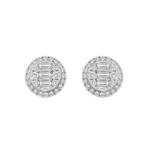 STERLING SILVER WHITE 1 1/4CT ROUND/EMERALD DIAMOND LADIES EARRINGS