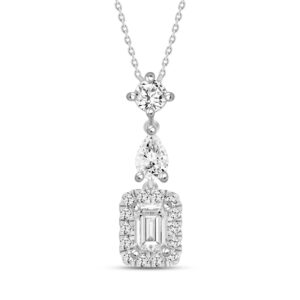 14K WHITE GOLD 1 1/2CT ROUND/EMERALD/PEAR DIAMOND LADIES NECKLACE