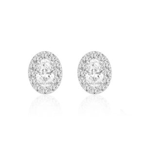 LADIES STUD EARRINGS 1CT OVAL/ROUND DIAMOND 14K WHITE GOLD