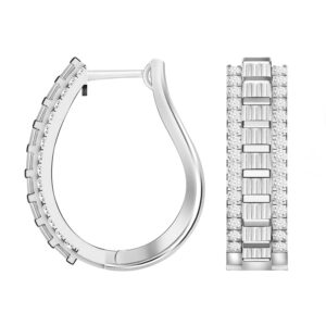 LADIES HOOPS EARRINGS 1.00CT ROUND/BAGUETTE DIAMOND 14K WHITE GOLD