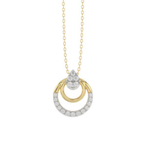 Beautiful 14K Yellow Gold Ladies Pendant With Double Circle Design And Sparkling 0.13 Ct Round Diamonds. Includes Chain.