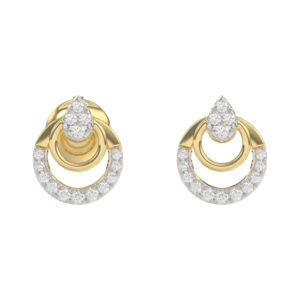 Stylish 14K Yellow Gold Ladies Diamond Earrings With Double Circle Design And 0.13 Ct Round Diamonds. A Timeless And Elegant Fashion Jewelry Piece
