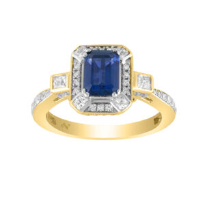 LADIES RING 1.50CT ROUND/PRINCESS/BLUE SAPPHIRE EMERALD DIAMOND 14K YELLOW GOLD (CENTER STONE 1.00CT BLUE SAPPHIRE EMERALD DIAMOND)