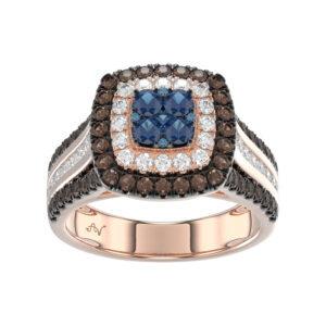 Bold And Elegant 14K Rose Gold Ladies Ring Featuring 1.50Ct Round Diamonds In Blue, Dark Brown , And White Tones. A Striking Multi-Stone Design Perfec