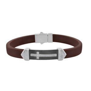 Men�S Sterling Silver White Bracelet With Brown Leather Strap And Central Black Accent � 0.25Ct