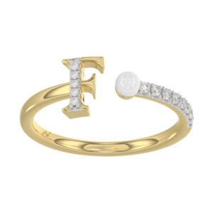 Stylish 10K Yellow Gold Ladies Ring Featuring Letter “F”, Luminous Pearl, And Round Diamond Accents. A Delicate 0.10Ct Fine Jewelry Piece.