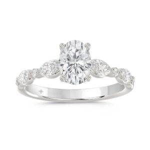 14K White Gold Oval Diamond Ring 1 1/2Ct With Round & Marquise Side Diamonds 1.00Ct Center Stone Oval Diamond For Women Fine Jewelry Gift For Her