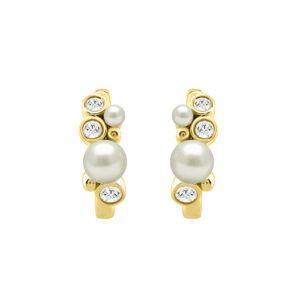 Elegant Ladies Hoop Earrings � 0.20Ct Round Diamonds With Pearl Cluster, 14K Yellow  Gold