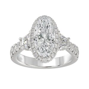14K White Gold Halo Engagement Ring with Side Stones, 3 1/4CT Round, Baguette,Trapezoid Diamond & 2.00CT Oval Center stone (Color F-G -Clarity VS1/VS2
