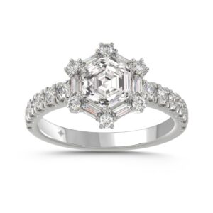 14K WHITE GOLD 1 3/4CT ROUND/BAGUETTE/HEZAGON STEP CUT DIAMOND LADIES RING
