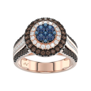 14K Rose Gold Multi Color Diamond Halo Ring 1.50Ct Blue, Dark Brown & Round Diamond Ladies Ring