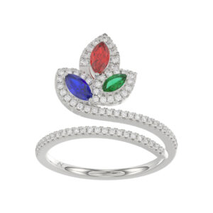 Elegant Multi-Stone 14K White Gold 0.75Ct Ladies Ring With Ruby, Sapphire, Emerald, And Marquise Diamonds. A Classic And Colorful Luxury Jewelry Piece