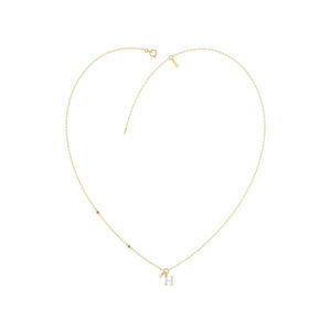 Stylish 10K Yellow Gold Ladies “H” Letter Necklace Featuring Round Ruby Diamonds And Pearl Accents. A Delicate And Personalized Fine Jewelry