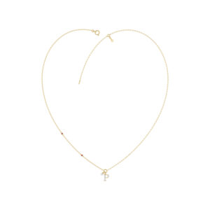 Stylish 10K Yellow Gold Ladies “P” Letter Necklace Featuring Round Ruby Diamonds And Pearl Accents. A Delicate And Personalized Fine Jewelry