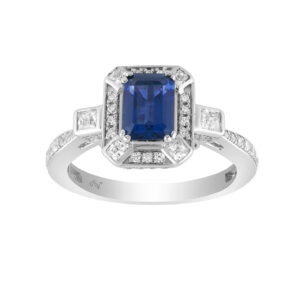 LADIES RING 1.50CT ROUND/PRINCESS/BLUE SAPPHIRE EMERALD DIAMOND 14K WHITE GOLD (CENTER STONE 0.90CT BLUE SAPPHIRE EMERALD DIAMOND)