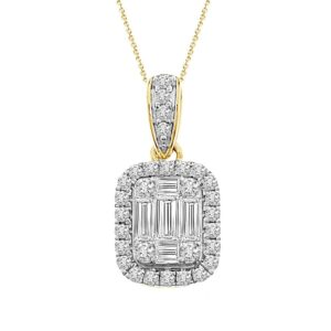LADIES PENDANT WITH CHAIN 0.40CT ROUND/BAGUETTE DIAMOND 14K YELLOW GOLD (SI QUALITY)