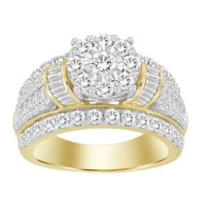 LADIES RING 2.00CT ROUND/BAGUETTE DIAMOND 10K YELLOW GOLD