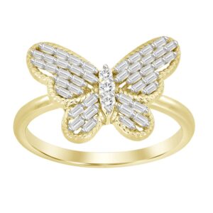 LADIES RING 0.25CT ROUND/BAGUETTE DIAMOND 10K YELLOW GOLD