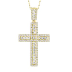 MEN'S CROSS PENDANT 3.30CT ROUND DIAMOND 14K YELLOW GOLD