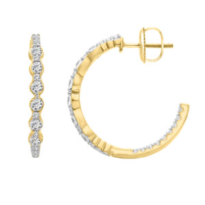 LADIES HOOP EARRINGS 1.00CT ROUND DIAMOND 10K YELLOW GOLD