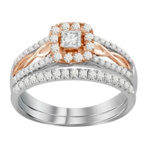 LADIES BRIDAL SET 0.75CT ROUND/PRINCESS DIAMOND 14K WHITE/ROSE GOLD