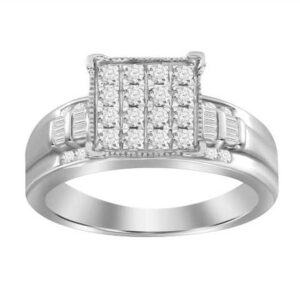 LADIES RING 0.50CT ROUND/BAGUETTE DIAMOND 10K WHITE GOLD