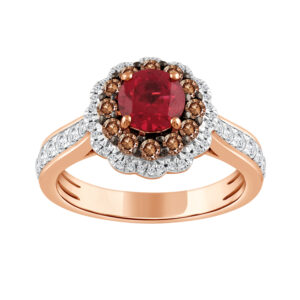 LADIES RING 1.75CT DARK BROWN/RUBY/ROUND DIAMOND 14K ROSE GOLD