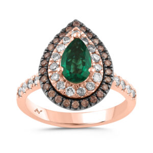 LADIES RING 2.00CT PEAR/DARK BROWN ROUND DIAMOND 14K ROSE GOLD 1.25CT EMERALD DIAMOND)