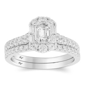 LADIES SEMI MOUNT BRIDAL SET 1.00CT ROUND/BAGUETTE /EMERALD DIAMOND 14K WHITE GOLD (SI QUALITY)(CENTER STONE 0.33CT EMERALD DIAMOND)