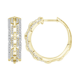 LADIES HOOPS EARRINGS 0.75CT ROUND DIAMOND 14K YELLOW GOLD