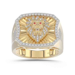 MEN'S RING 0.62CT ROUND RUBY DIAMOND 10K YELLOW GOLD