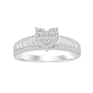 Sterling Silver Ladies 0.25CT Round & Baguette Diamond Heart-Shaped Fashion Ring