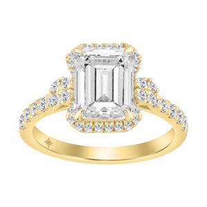 14K Yellow Gold 3 1/2Ct Emerald & Round Lab-Grown Diamond Halo Bridal Ring For Women Luxury Engagement Ring 3Ct Emerald Center Stone (Color F-G -Clari