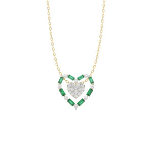 LADIES PENDANT WITH CHAIN 0.90CT ROUND/GREEN EMERALD BAGUETTE DIAMOND 14K YELLOW GOLD