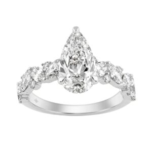 14K White Gold 3.00 Ct Diamond Halo Engagement Ring For Women Elongated 2Ct Pear Cut Center Stone With Round & Marquise Side Stones, Luxury Bridal
