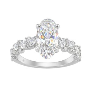 14K White Gold 3.00Ct Diamond Engagement Ring For Women 2.00Ct Elongated Oval Center Stone With Marquise & Round Side Stones, Luxury Bridal Ring (Colo